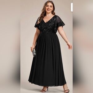 Ever Pretty 'Hazel' Elegant Short Sleeve Black Evening Dress W/ Sequined Bodice